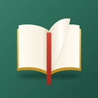Book Vault icon: an open hardback with gilt edges, a page turning and a red ribbon, on green bookcloth