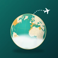 Travel Vault icon: a globe with the countries you have been to in gold, lifting out of the fog, and a flight arcing over it